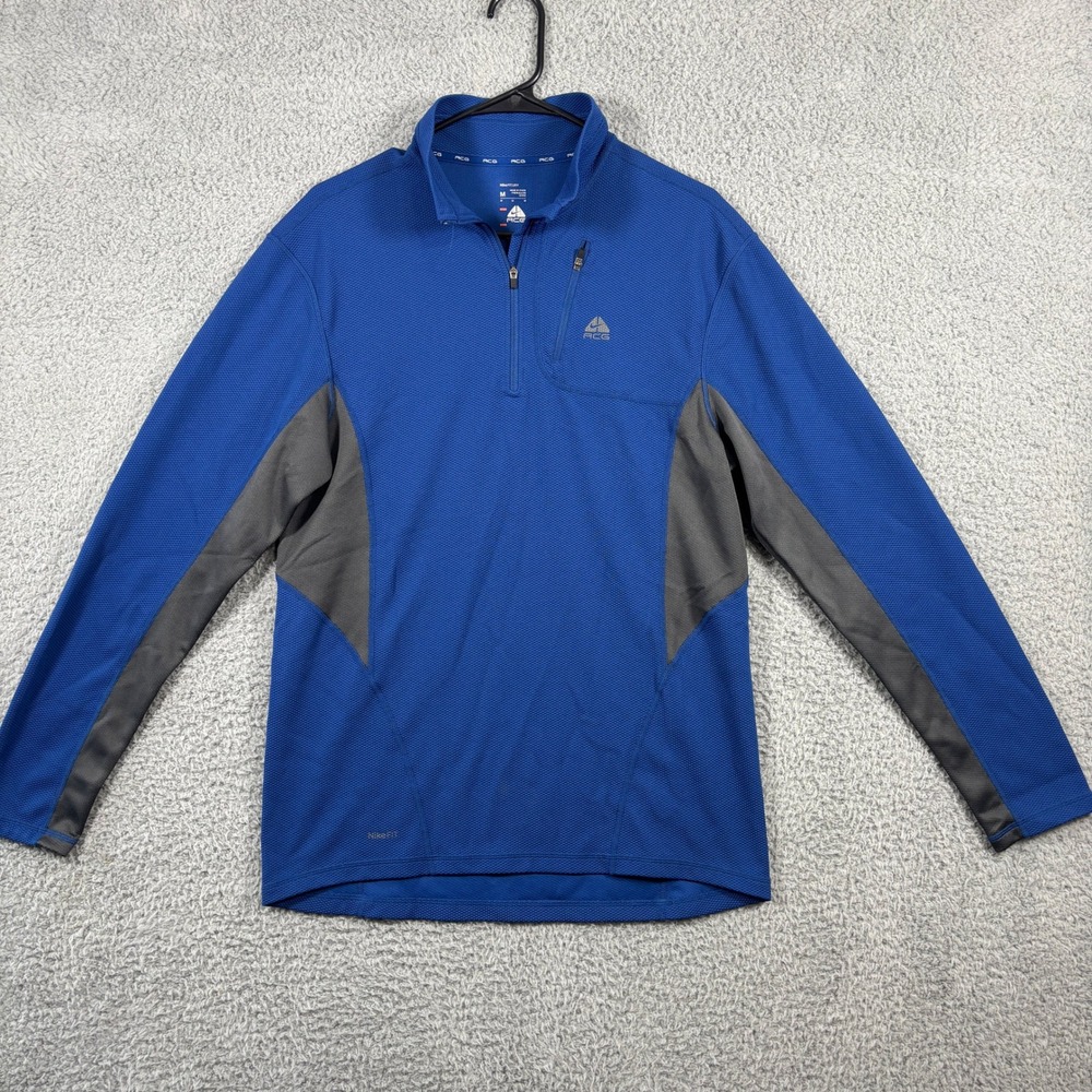 Nike ACG Fit-Dri Mens Blue Grey Quarter Zip Pullover Waffle Knit Top Medium